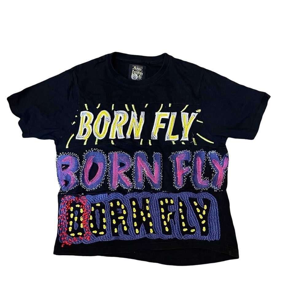 Born Fly Any Town USA size Small youth/ women embroidered black Graphic T-Shirt